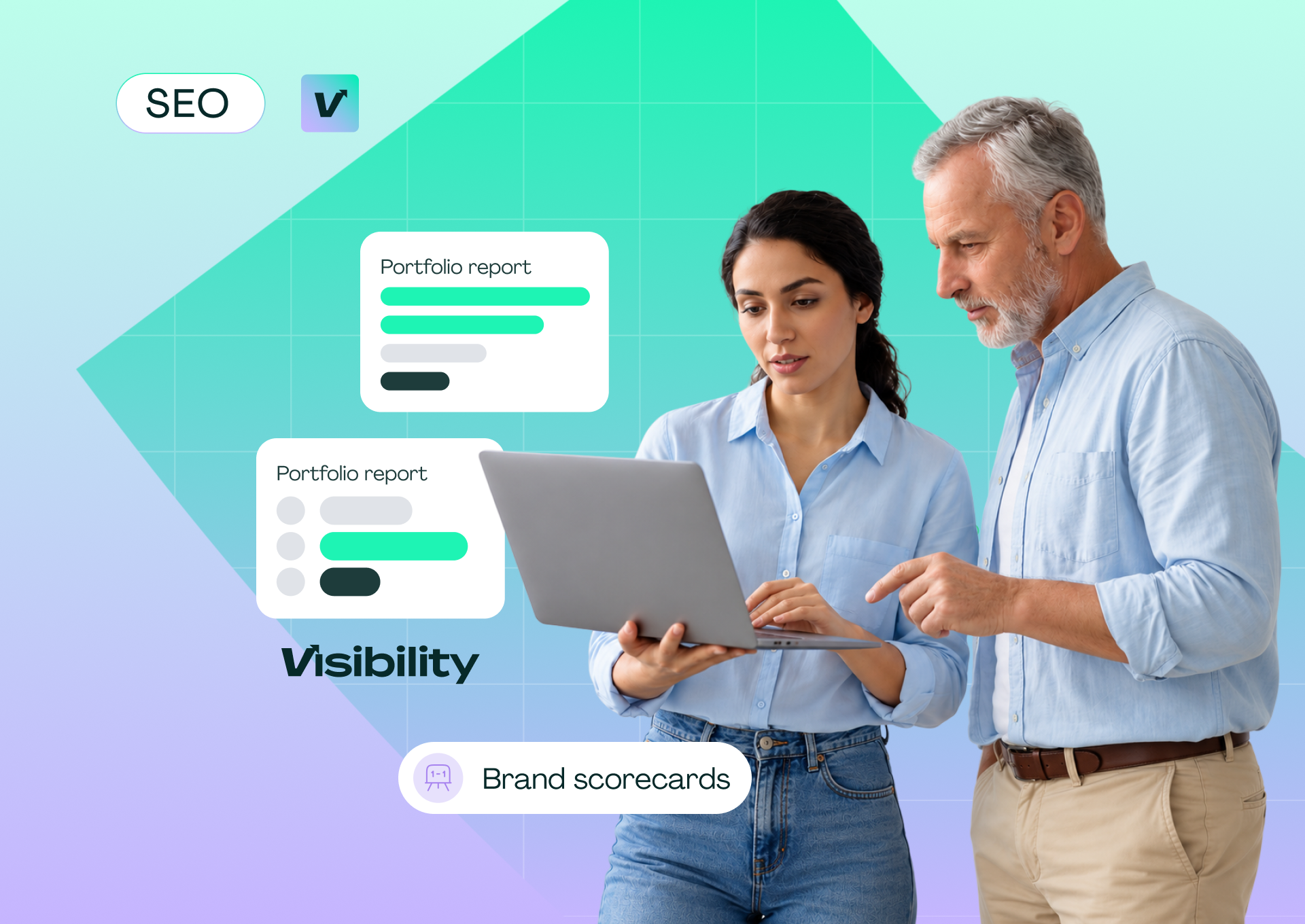 Pixis Visibility portfolio report cards and a brand scorecards label, next to two marketers reviewing a report on a laptop