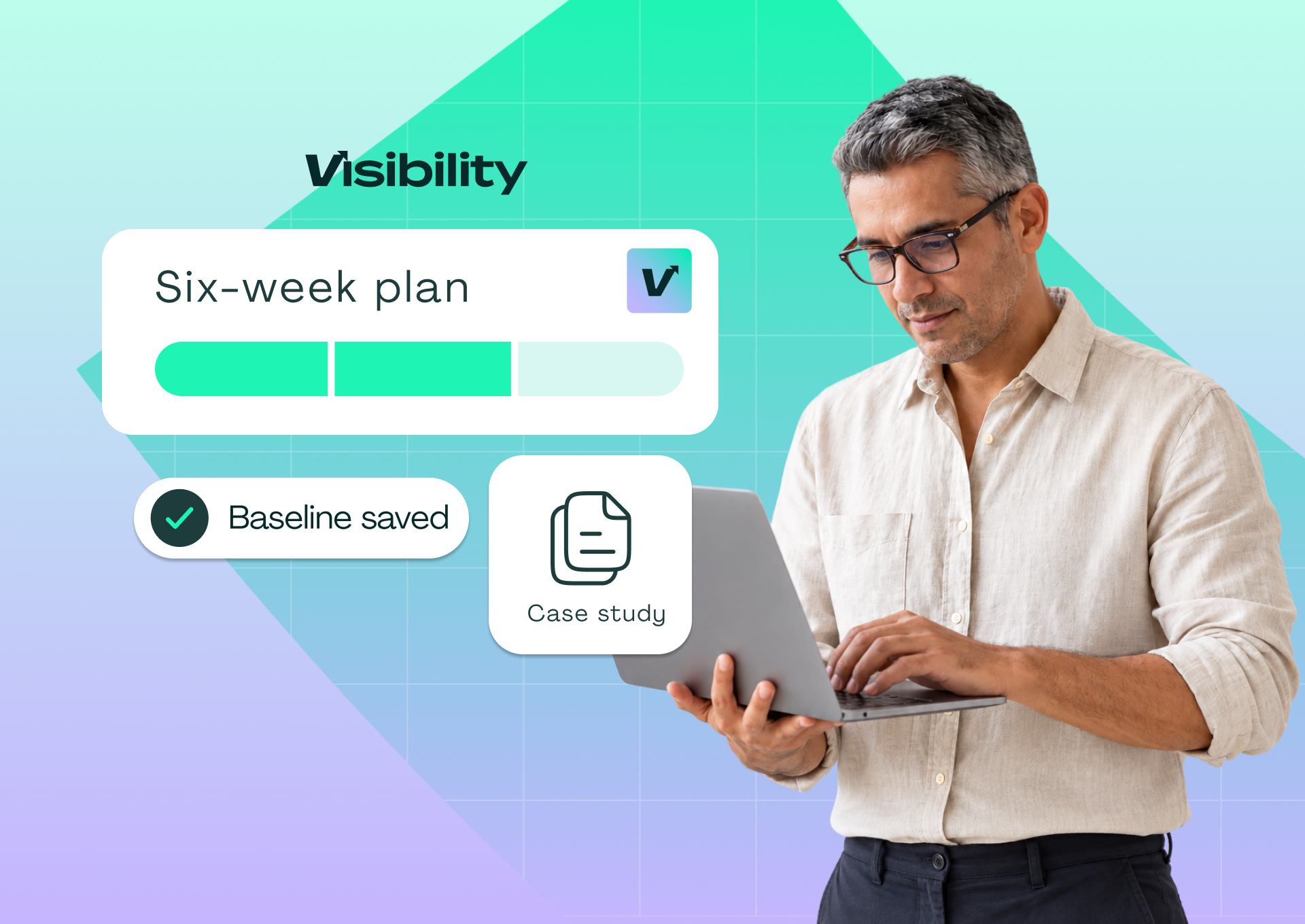 Pixis Visibility six-week plan card with a baseline saved check and a case study card, next to a man working on a laptop