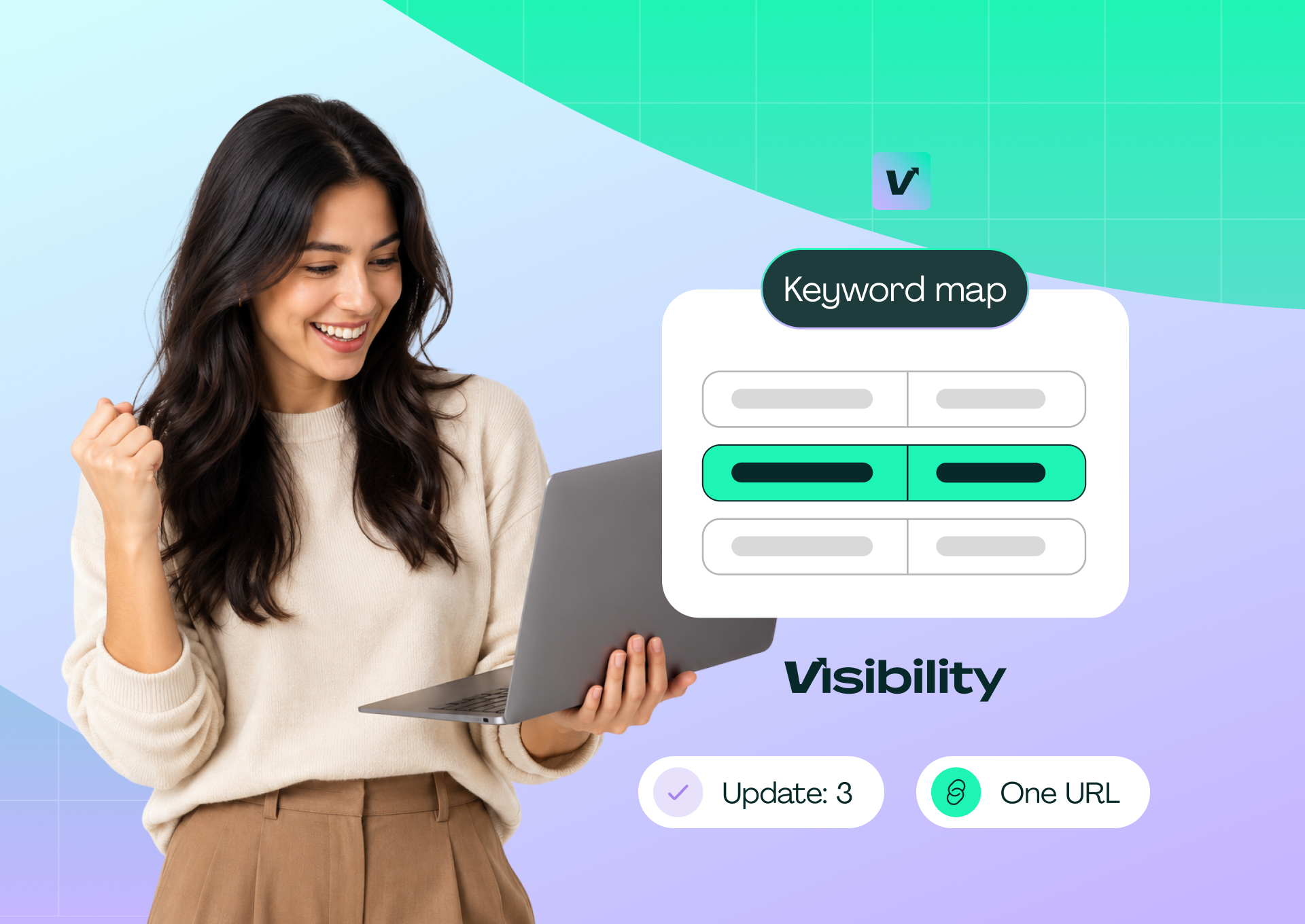 Pixis Visibility keyword map card with one highlighted keyword and URL row, update and one URL labels, next to a woman celebrating at her laptop
