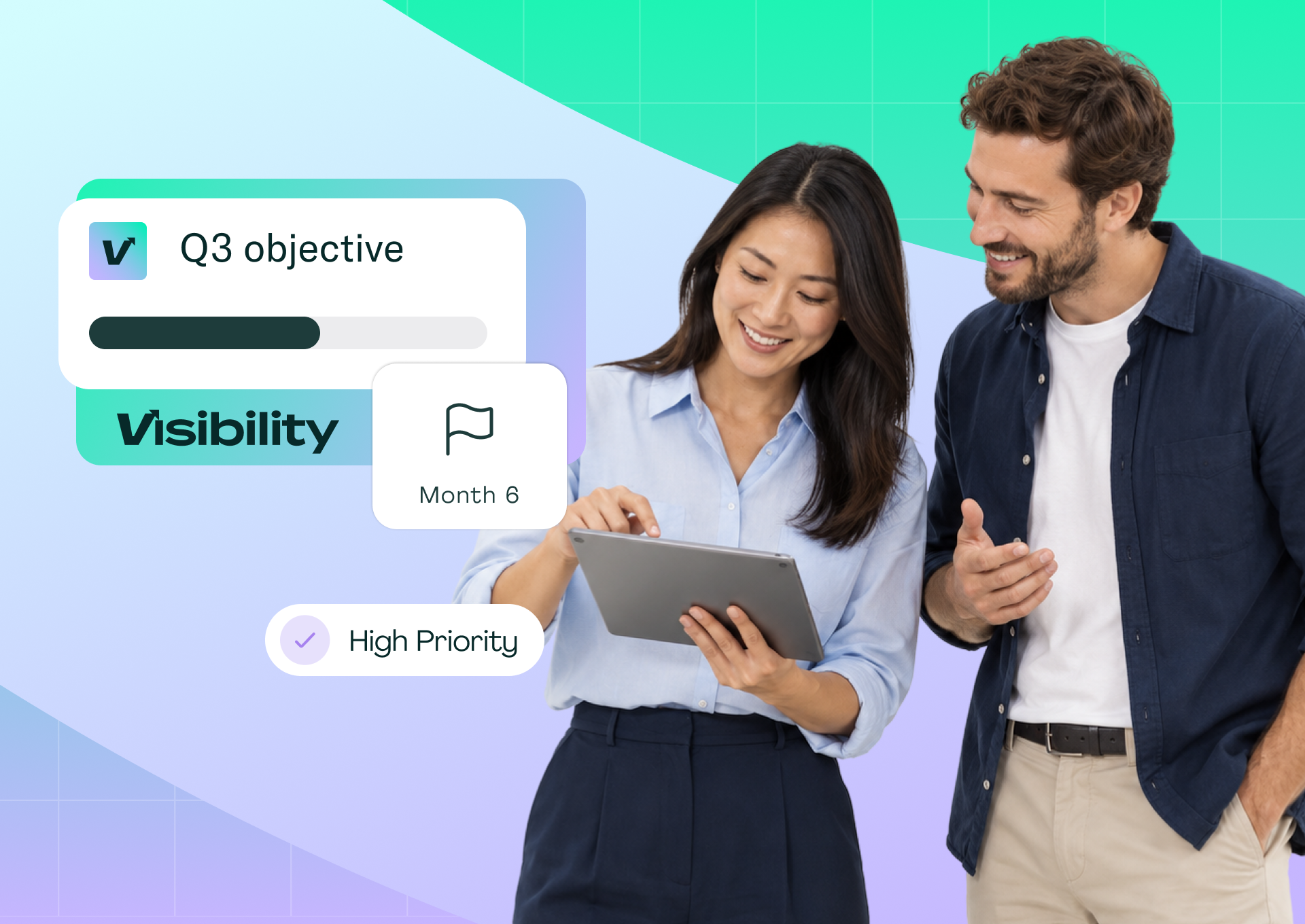 Two marketers review a Q3 objective progress bar and a month 6 checkpoint in Pixis Visibility