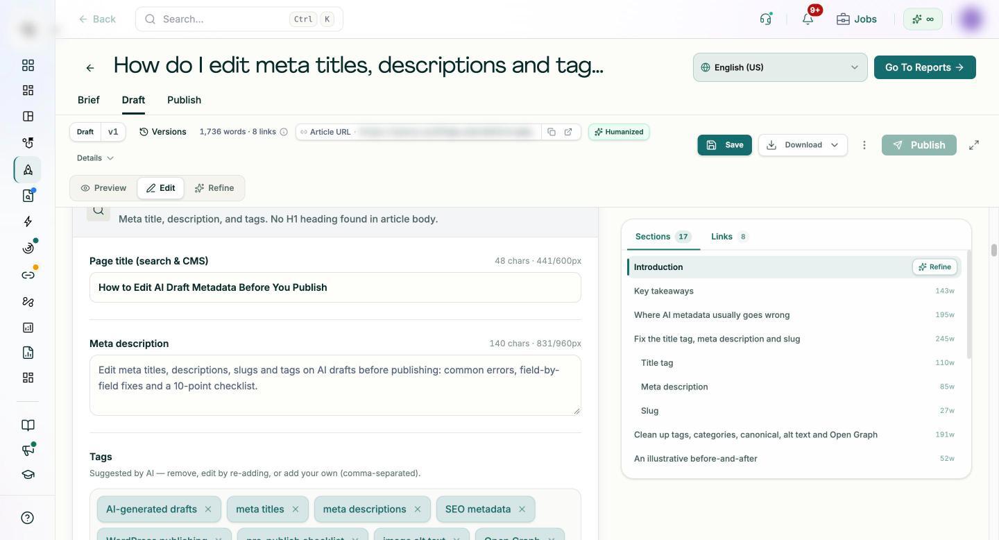 Pixis Visibility draft editor Meta and H1 panel with editable page title, meta description with character counts, and AI-suggested tags that can be removed