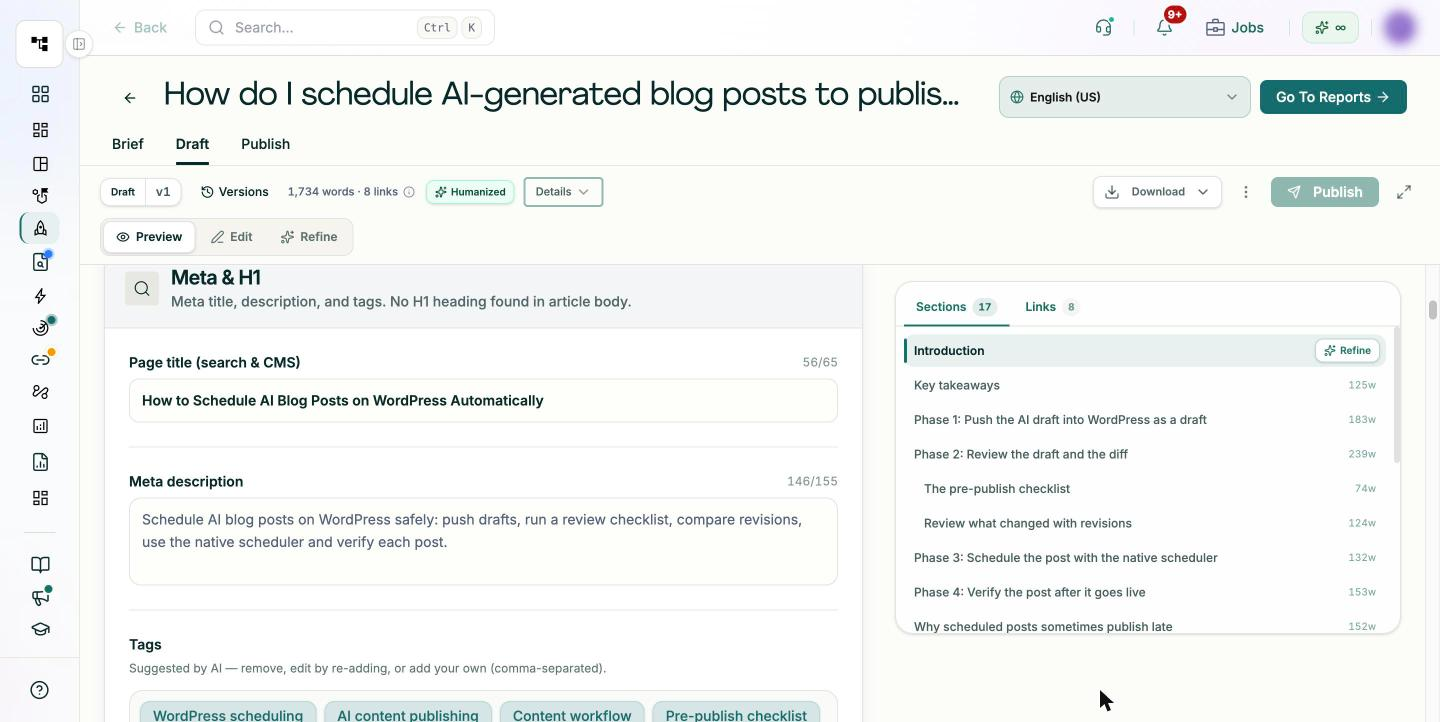 Pixis Visibility draft editor showing editable page title, meta description and tags, with a Publish button for pushing the draft to WordPress