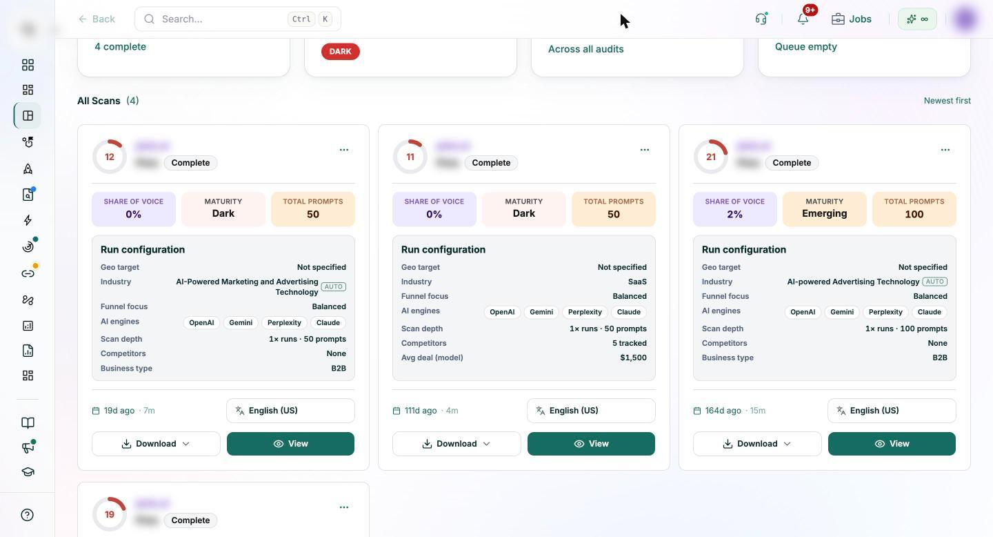 Pixis Visibility GEO Audit Engine showing completed scans side by side, each with its GEO score, share of voice, maturity stage and run configuration of engines, prompts and competitors