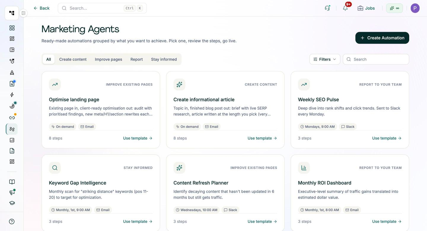 Pixis Visibility Marketing Agents templates, including Weekly SEO Pulse sent to Slack every Monday and Keyword Gap Intelligence