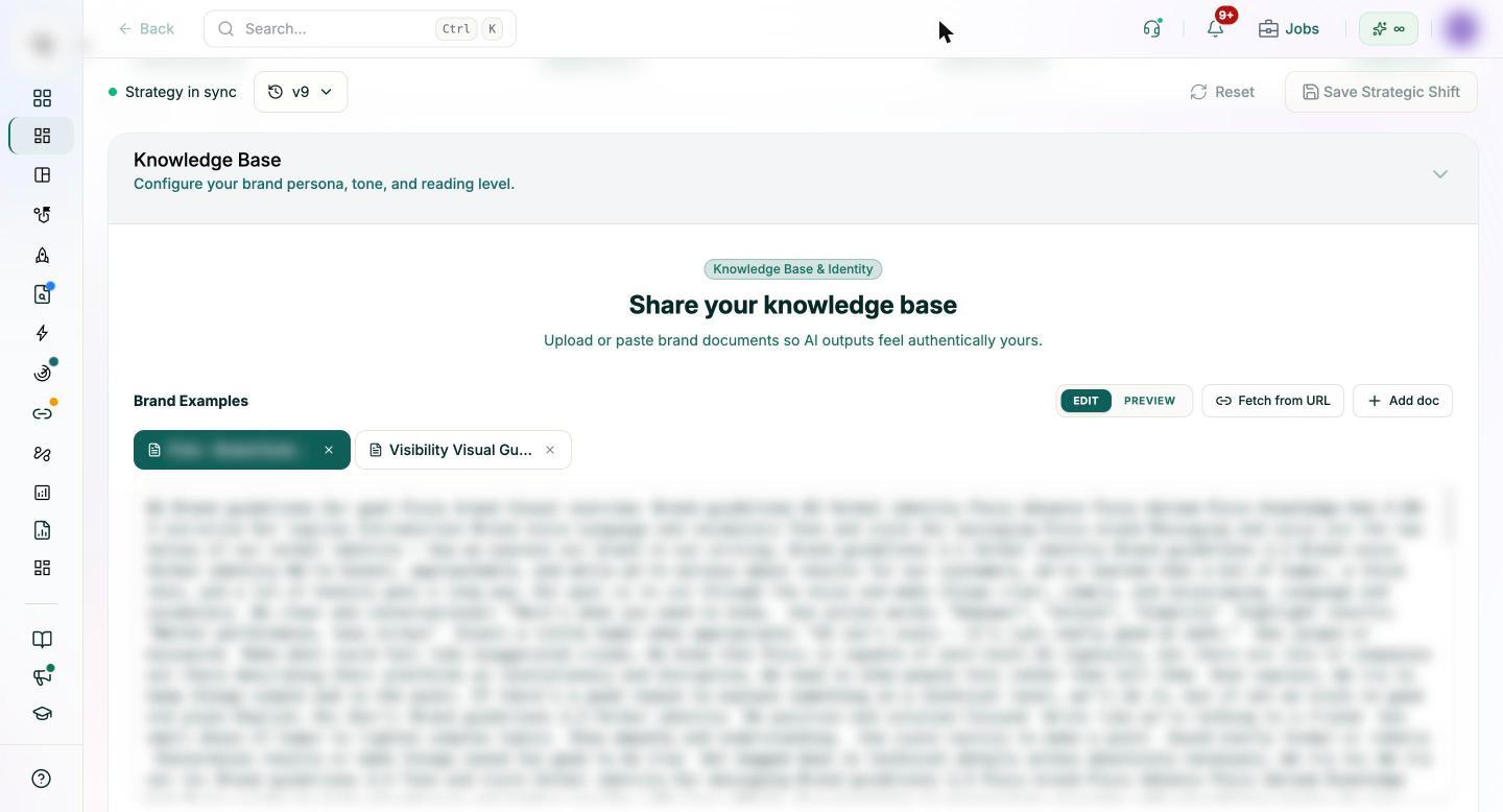 Pixis Visibility Strategy Brain Knowledge Base section for brand persona, tone and reading level, with brand guideline documents added as brand examples